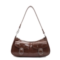 Brown patent leather underarm bag with dual pockets and silver buckles on white background - Coffee