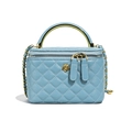 Sky blue quilted chain box bag with gold floral clasp and metal handle for women - Blue