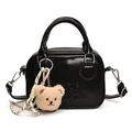 Retro black patent leather bowling bag with plush bear charm and adjustable strap - Black With Bear Charm
