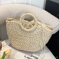 Schicke beige Strohtasche mit gewebten Griffen und Kordelzug für den Strandurlaub - Beige-Mittel