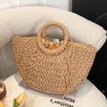 Natürliche halbkreisförmige Strohhandtasche mit Rundgriffen und Kordelzugfutter für Strand - Braun - Mittel