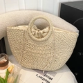 Handwoven beige straw handbag with semi-circle design and drawstring liner - Cream-Large