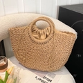 Handmade straw bucket bag in light camel with round handle and drawstring lining - Brown-Large
