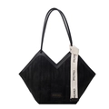 Bolso tote de terciopelo negro con patrón de cebra y cuello en V, estilo casual - Negro