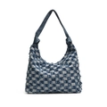Blue and white checkerboard denim tote bag with frayed edges and knotted shoulder strap - Blue