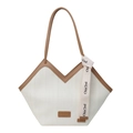 Bolso tote minimalista de lona beige con correas de cuero marrón para mujer moderna - Blanco y Marrón
