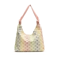 Colorful woven checkerboard denim tote bag with macaron tones and fringe edge detail - Pink