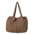 Minimalist large-capacity dark brown quilted tote bag with leaf pattern stitching - Khaki