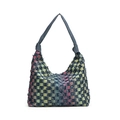 Distressed checkerboard denim tote bag with frayed edges for casual commuting - Colorful