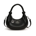 Minimalist black crescent hobo bag with silver metallic letter charm and top handle - Black