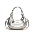 Metallic silver crescent moon handbag with G-letter pendant and chic round ball detail - Silver