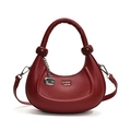 Minimalist deep red crescent moon handbag with silver logo and adjustable crossbody strap - Red
