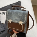 Retro denim and brown leather square crossbody bag with silver star accents and top handle - Denim Blue - No Pendant