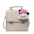 Chic cream white leather crossbody bag with pearl trim and silver star buckles - Off-white With Pink Bow Plush Charm