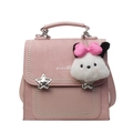 Pink synthetic leather crossbody bag with white pearl trim and plush pendant decoration - Pink With Pink Bow Plush Charm