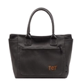 Borsa tote in tela grigio scuro con logo TCT arancione e tasche laterali per uso quotidiano - Marrone Scuro