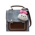 Blue denim and brown leather patchwork handbag with silver stars and plush charm - Denim Blue With Pink Bow Plush Charm