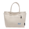 Borsa tote minimalista in tela bianco sporco con tasca anteriore e scritta TCT blu - Grigio Beige