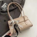 Sac enveloppe chic en cuir beige avec nœud décoratif en dentelle et chaîne argentée - Khaki Avec Nœud Charme