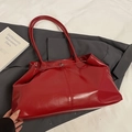 Large capacity glossy red leather tote bag with shoulder straps and metallic buckle detail - No Pendant / Red