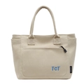 Borsa tote minimalista in tela beige con tasca esterna a zip e spalline robuste - Cachi