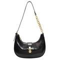 Minimalist black crescent hobo bag with gold chain strap and glossy wrinkled texture - Black
