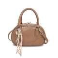Brown oil wax leather Boston bowling bag with silver hardware and woven cord accents - Khaki - Without Pendant
