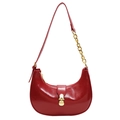 Chic red crescent hobo bag with glossy finish and elegant gold chain hardware strap - Red