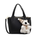 Minimalist black lychee texture leather bucket bag with a cute white plush bear charm - Black With Puppy Pendant