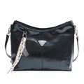 Glossy black faux leather tote bag for women featuring a unique silver abacus charm detail - No Pendant / Black