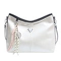 Chic off-white soft leather tote bag with black trim and a tennis racket charm - No Pendant / White