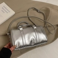 Metallic silver Boston bag with glossy finish and adjustable strap in a stylish setup - Silver - No Charm