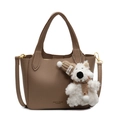 Brown litchi grain leather bucket bag with a cute plush bear charm and crossbody strap - Khaki With Dog Charm