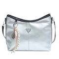 Silver metallic soft leather tote bag with unique triangle detail and woven charm - No Pendant / Silver