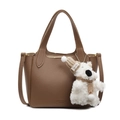 Brown lychee leather bucket bag with a cute teddy bear pendant and thin shoulder strap - Coffee With Dog Charm