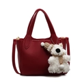 Red lychee pattern leather bucket bag with top handles and a plush bear pendant - Wine Red With Dog Charm