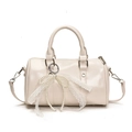Creamy white Boston bowling bag with lace ribbons and pearl chain strap accents - Rice White With Pearl Lace Bow
