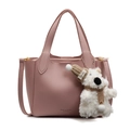 Pink lychee grain leather bucket bag with top handle and cute plush bear charm - Pink With Dog Charm