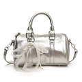 Metallic silver Boston bag with mirror finish and lace pearl bow charm accessory - Silver With Pearl Lace Bow