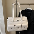Grande borsa tote bianco crema con doppie tasche frontali e chiusure a girello - Bianco Sporco - Senza Pendente