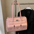 Borsa tote rosa lucida con fibbie in metallo argentato e molteplici tasche anteriori - Rosa - Senza Pendente