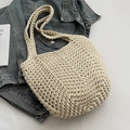 Borsa a spalla in maglia crema con trama intrecciata spessa su tessuto denim - Bianco Sporco - Senza Pendente