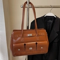 Brown faux leather shoulder bag with vintage multi-pocket design and metal buckles - Brown - Without Pendant