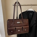 Deep brown retro faux leather tote bag with multi-pocket design and silver hardware - Coffee - No Pendant