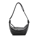 Minimalist black crescent crossbody bag with diagonal stitching and long leather strap - Black