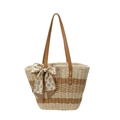 Bolso tote de paja tejida con rayas beige y marrones, asas de cuero y un pañuelo de flores - Blanco Roto