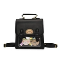 British vintage black faux leather backpack with puppy embroidery and clear window - With Plush Charm / Black