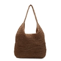 Modieuze donkerbruine geweven stro-totetas met een minimalistisch hobo-silhouet voor strand - Khaki Enkele Band