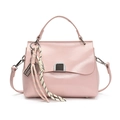 Minimalist soft leather tote bag in light pink with metallic buckle and tassel charm - Pink (With Silver Abacus Racket Knot)
