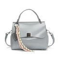 Chic light gray PU leather tote bag with woven pendant and adjustable shoulder strap - Blue (With Silver Abacus Racket Knot)